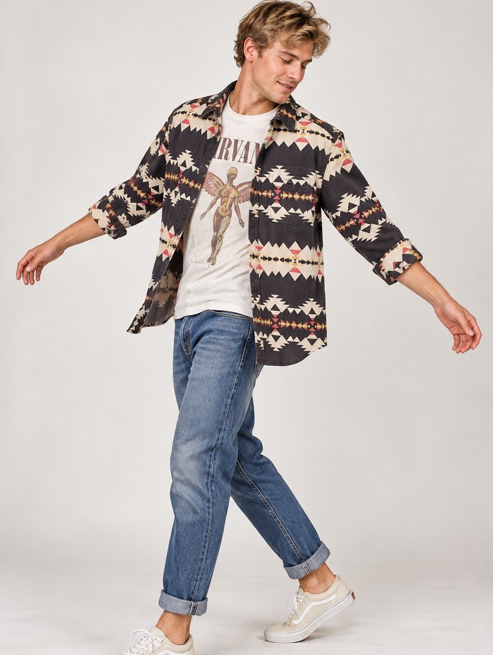 Heritage Aztec Print Utility Jacket - Black, Cream, Red Accents